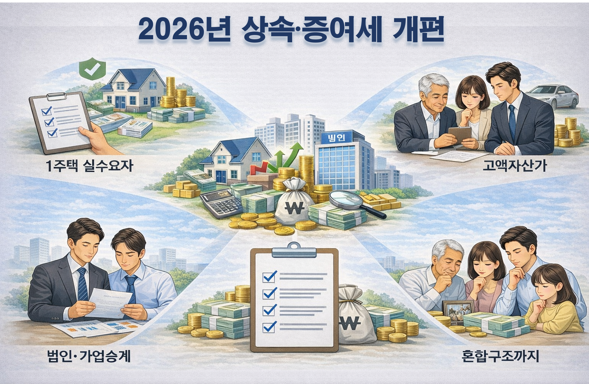 관점별로 훑어보는 2026년 상속&middot;증여세 개편 기준 정리
1주택 실수요자, 개인 고액자산가, 고액 법인&middot;가업승계, 개인&middot;법인 혼합구조까지 각 관점별로 요약