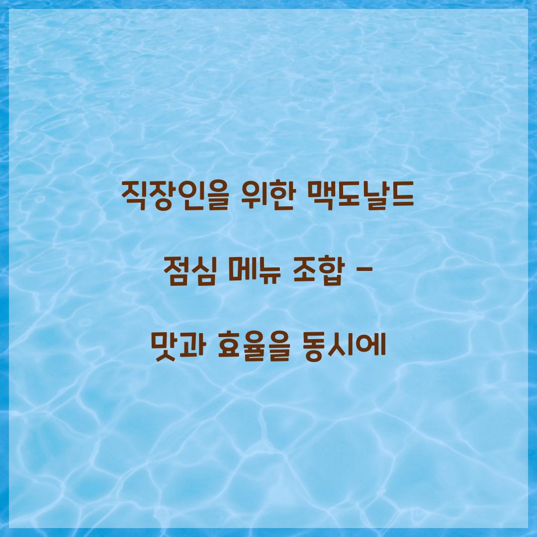 직장인을 위한 맥도날드 점심 메뉴 조합 
