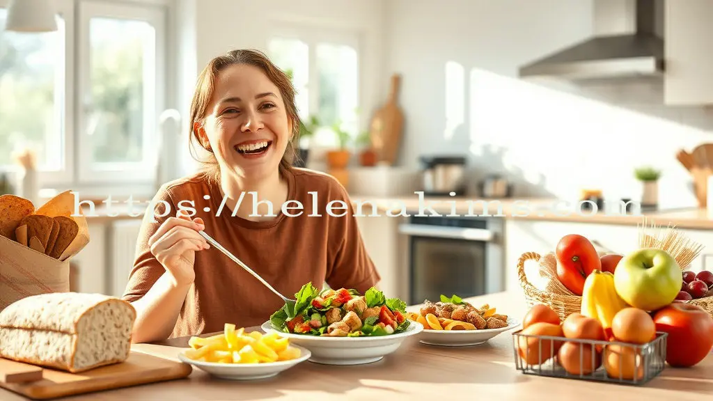 식탁에 앉은 여성이 다양한 과일과 채소를 빵과 섭취 하고 있는 모습.