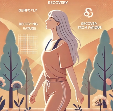 햇살 아래 공원을 산책하며 만성피로에서 회복 중인 중년 여성의 평온한 모습