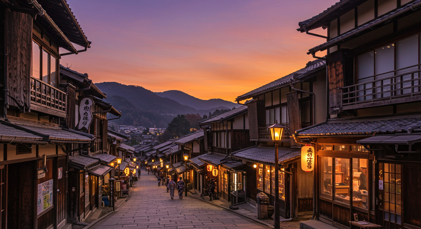 해질녘의 유후인 온천 거리, 전통 목조 건물과 은은한 조명이 어우러진 풍경