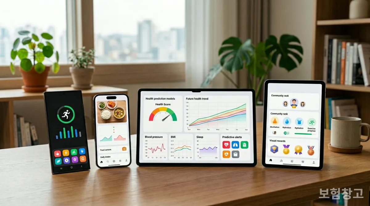 다양한 국내 보험사의 디지털 헬스케어 앱 화면이 모바일 기기에 표시된 모습