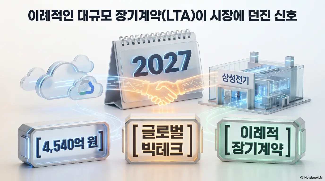 MLCC 관련주: 삼성전기가 글로벌 빅테크와 4540억 원 규모 MLCC 장기공급계약을 맺은 구조를 형상화한 이미지. 2027년 공급 개시&amp;#44; 글로벌 빅테크&amp;#44; 이례적 장기계약이라는 핵심 키워드가 배치되어 있다. 이 이미지는 MLCC 업계에서 드문 단일 대형 계약이 슈퍼사이클의 신호임을 시각적으로 전달하며&amp;#44; 블로그의 삼성전기 빅테크 수주와 MLCC 관련주 주제와 관련된 내용을 설명한다 