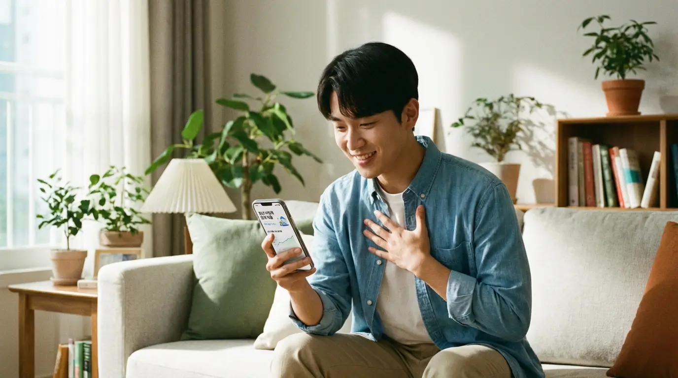스마트폰 안심 대출 비교 플랫폼을 통해 내 조건에 맞는 청년 버팀목 전세 대출 최저 금리를 가조회하고 안도하는 모습
