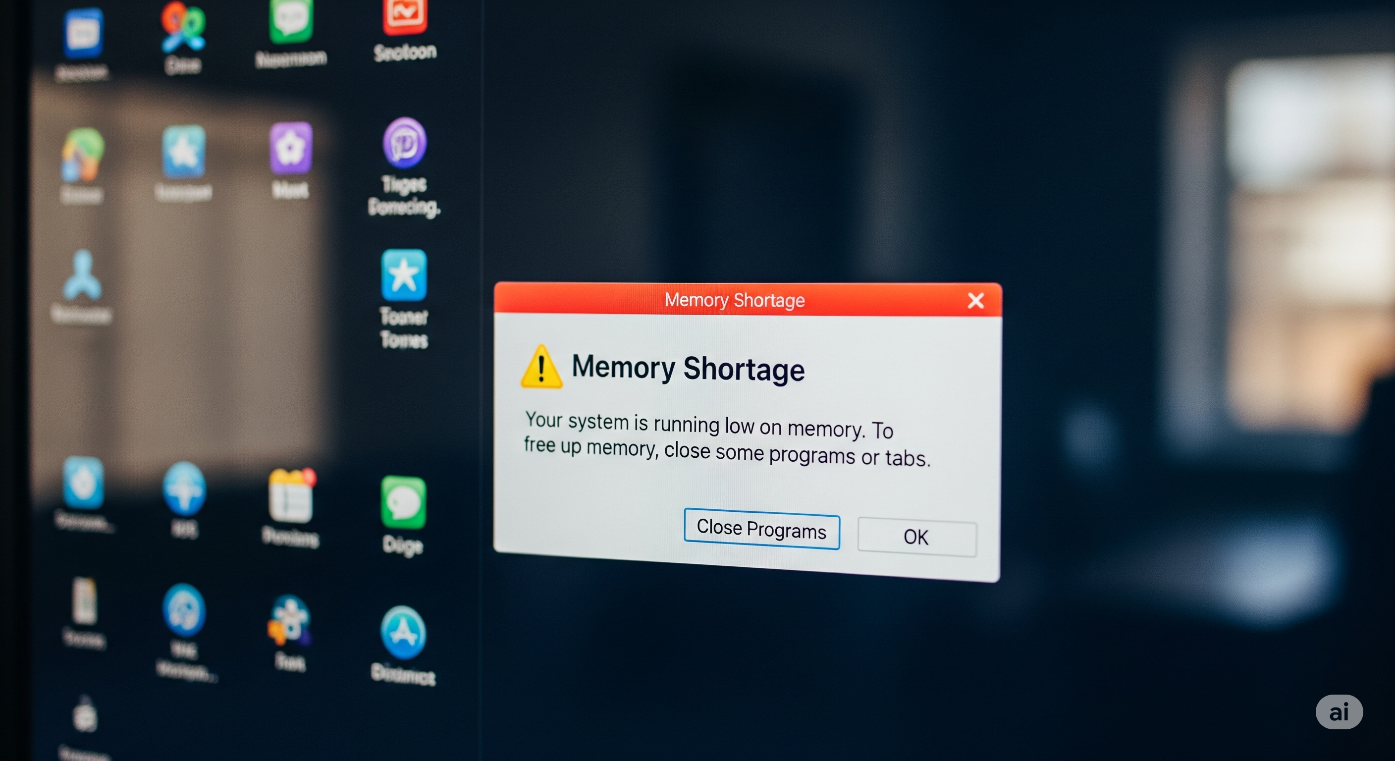 컴퓨터 화면에 '메모리 부족' 오류 메시지가 뜬 이미지