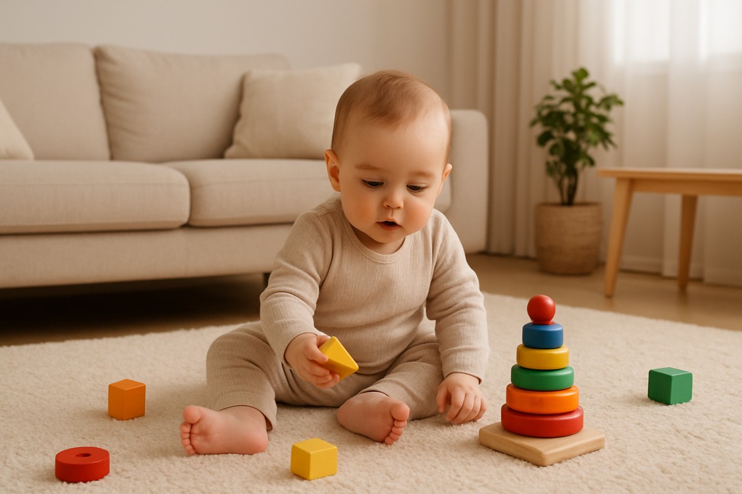거실 바닥에서 장난감을 가지고 노는 아기