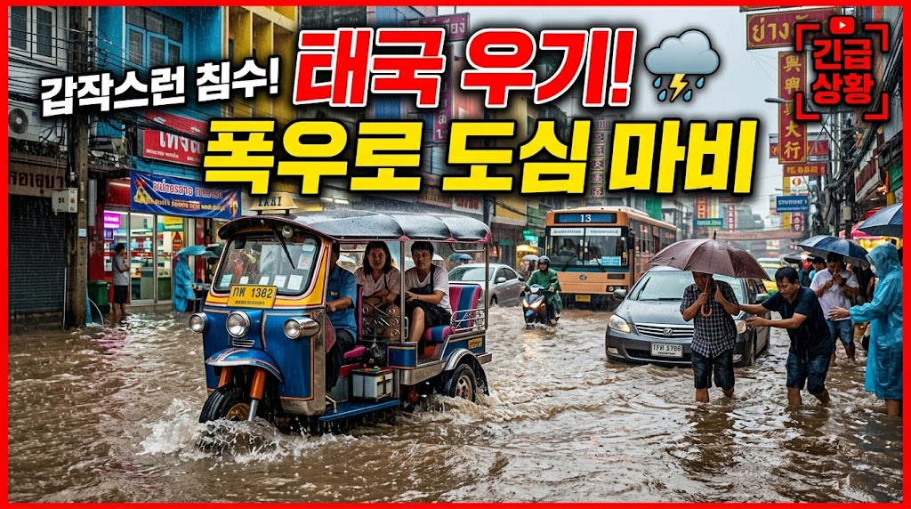 방콕 도심의 갑작스러운 스콜 폭우와 도로 침수 대비 모습