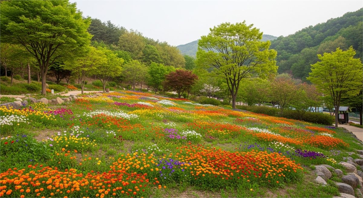 형형색색 봄꽃이 가득한 한국형 정원 언덕 전경 