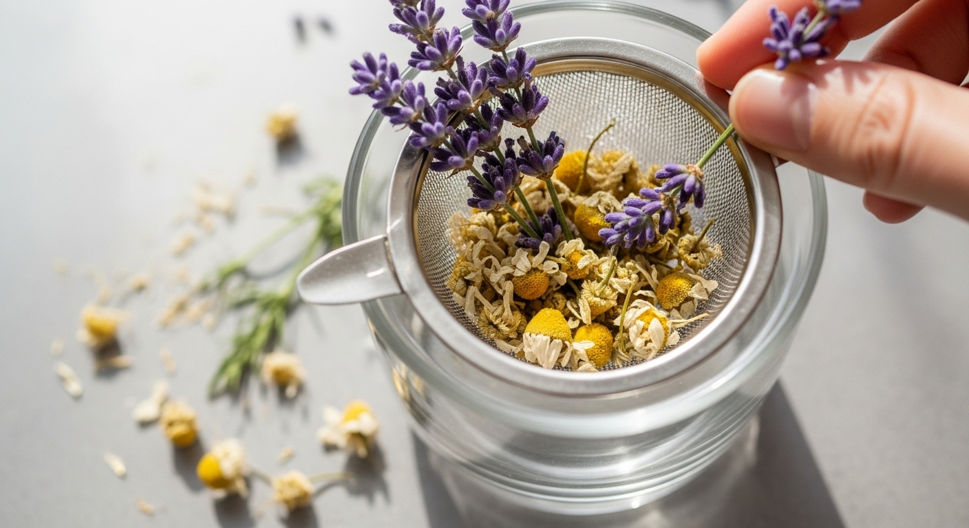 건조 캐모마일 꽃과 신선한 라벤더가 유리 인퓨저에 담겨 차로 우려지기 직전의 모습, 허브티의 자연스러운 치유력을 상징.