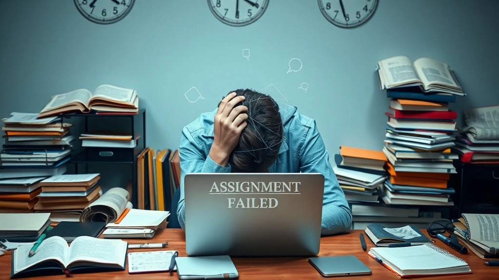 큰 목표 앞에서 좌절감을 느끼는 대학생의 모습. 책상 위에 펼쳐진 노트와 노트북 화면의 ‘과제 실패’ 메시지가 압박감을 표현
