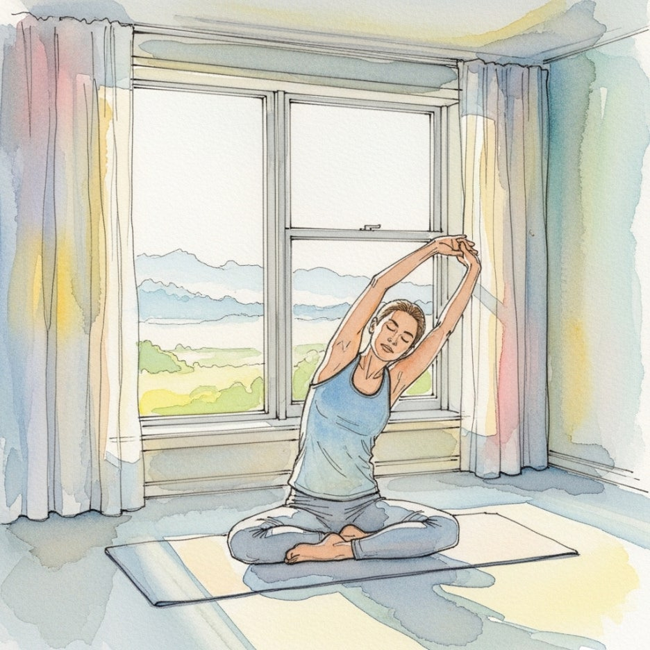 창가에서 가볍게 스트레칭을 하는 모습