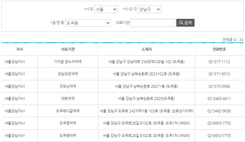 산재지정 약국 검색
