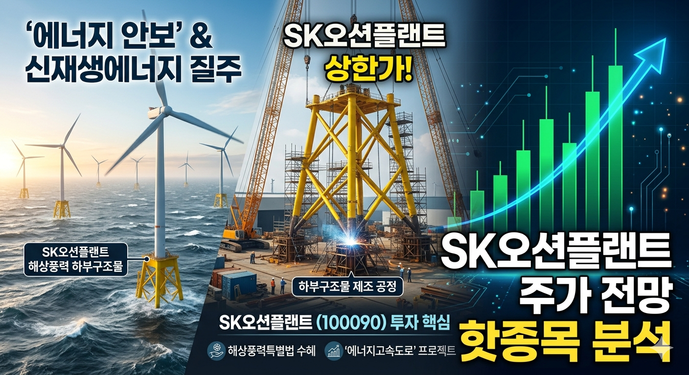 "거친 바다 위 해상풍력 발전기와 SK오션플랜트의 하부구조물 제조 공정, 그리고 급등하는 양봉 차트가 결합된 주식 분석 썸네일 이미지"