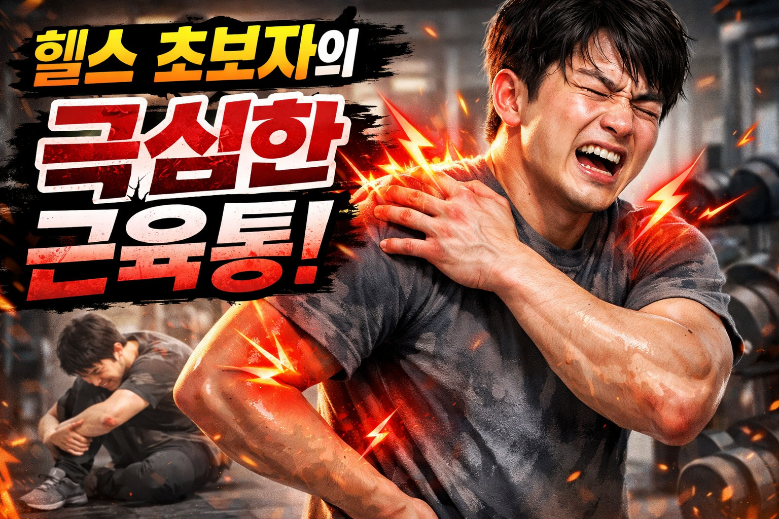 헬스 초급자가 운동 후 어깨 근육통으로 통증을 호소하는 장면, 헬스 초보 근육통 원인과 정상 여부 설명 이미지