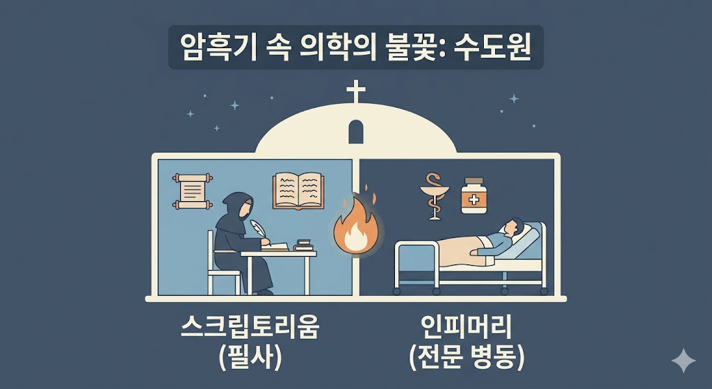 중세 수도원을 배경으로 지식을 보존하는 스크립토리움과 환자를 돌보는 인피머리를 좌우로 배치한 플랫 디자인 이미지입니다. 중앙의 의학의 불꽃 심볼을 중심으로 필사 작업과 전문 병동의 모습을 아주 단순한 아이콘 형태로 시각화하여 의학 지식의 계승 과정을 직관적으로 표현했습니다.
