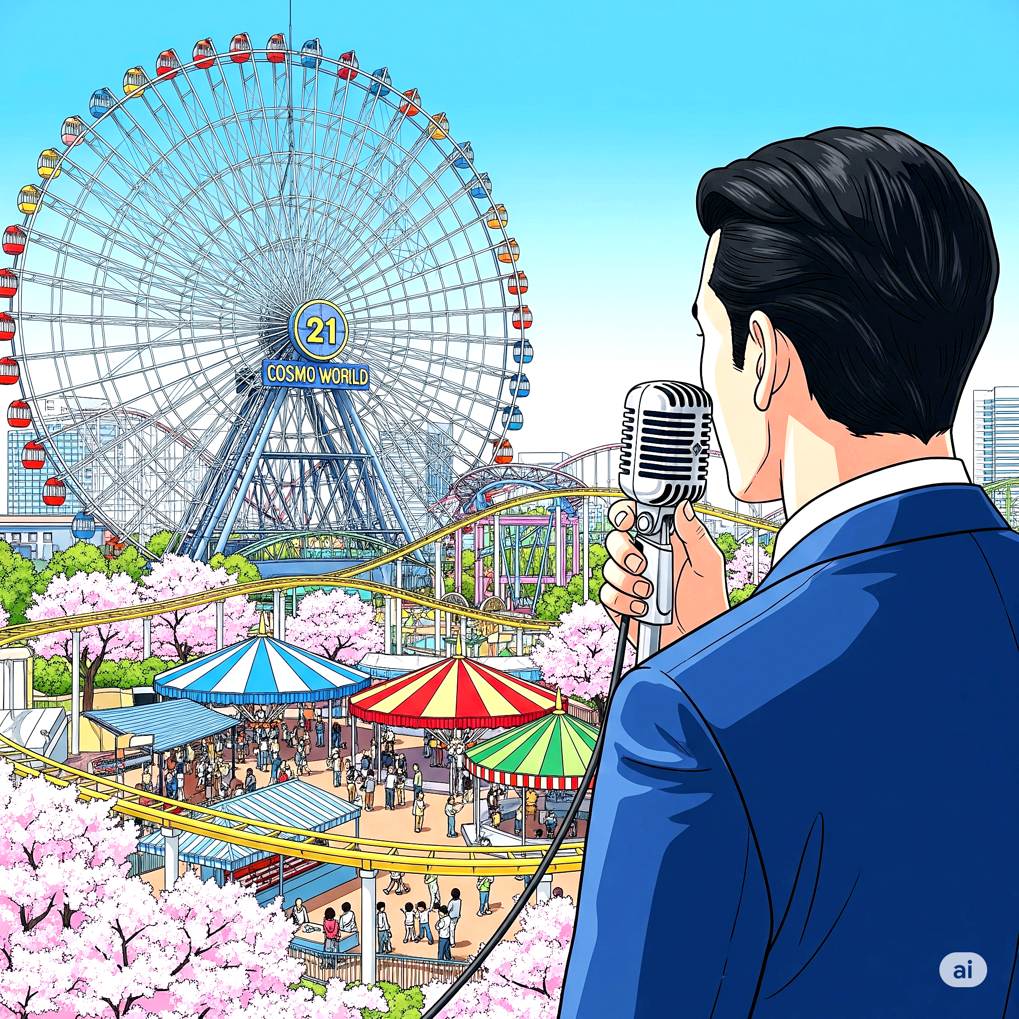 후쿠오카 대관람차를 보며 노래하는 남자