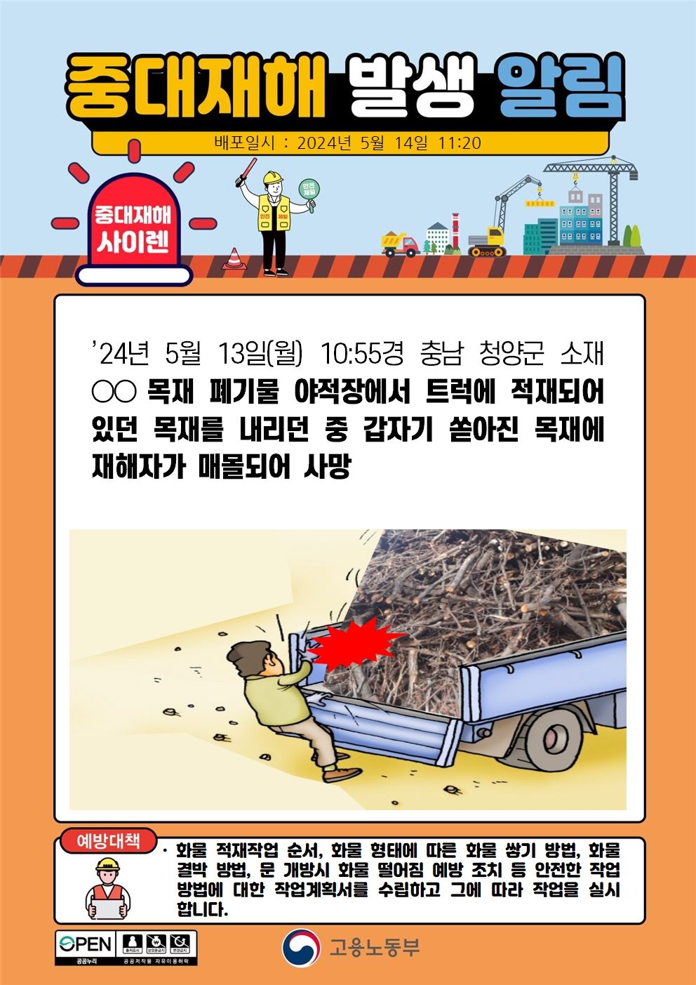 트럭에 적재되어 있던 목재를 내리던 중 쏟아진 목재에 매몰
