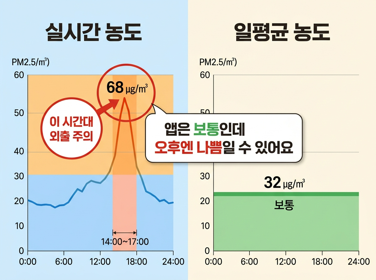 미세먼지 실시간 수치, 미세먼지 일평균 농도 차이, PM2.5 시간대별 변화, 에어코리아 실시간 확인