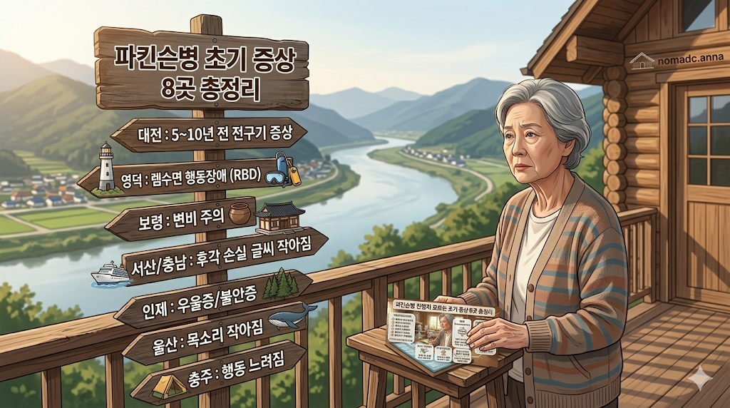 파킨슨병 초기 증상 8곳 총정리"**라는 제목을 상단에 크고 명확한 한글로 배치하여 주제를 명확히 표현