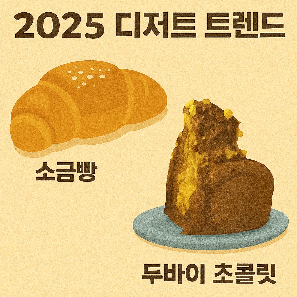 2025 디저트 트렌드를 소개하는 일러스트 이미지로, 소금빵과 두바이 초콜릿 디저트가 따뜻한 톤의 배경 위에 그려져 있는 그림입니다