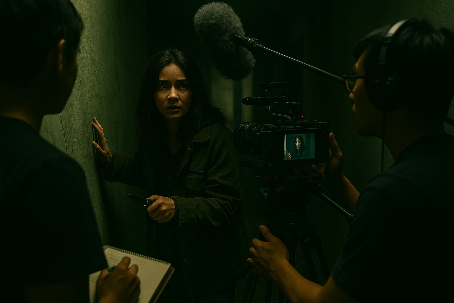 스릴러 영화 촬영 현장에서 배우가 연기하는 장면