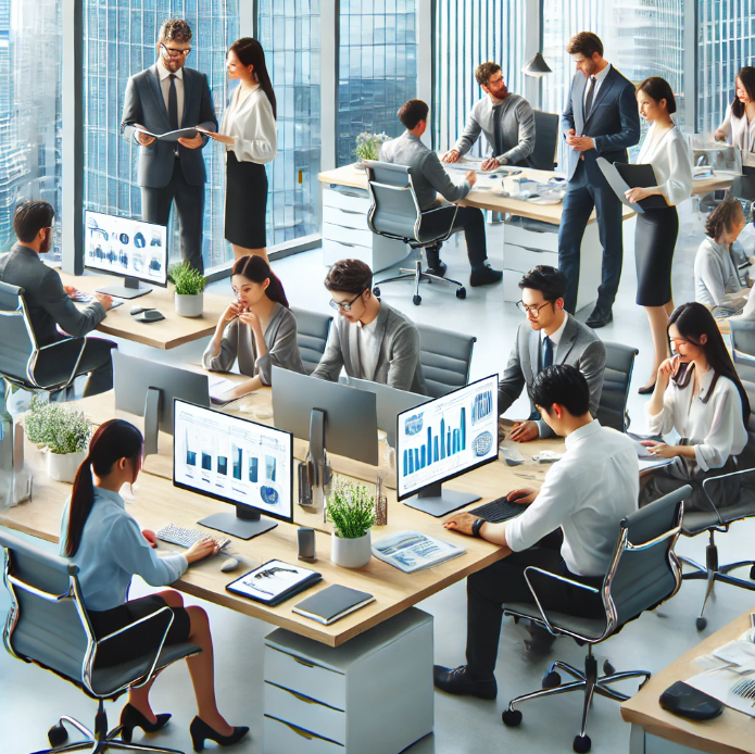 프로젝트를 논의하고 협력하는 한국 사무실의 직원들