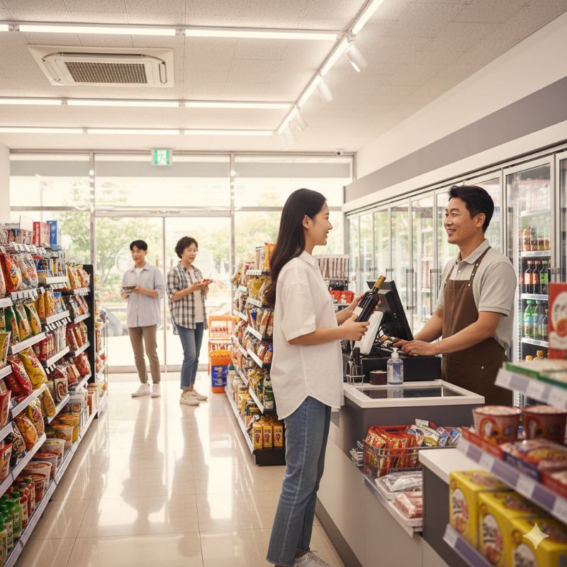 손님을 기다리는 깔끔한 편의점 매장 내부 전경