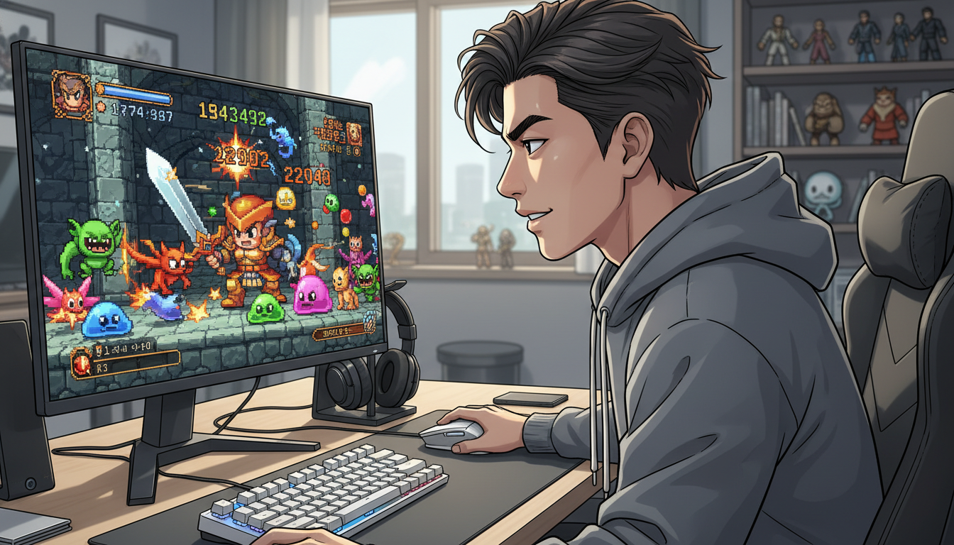 현대 한국 청년이 PC 앞에서 메이플스토리 월드의 전사 캐릭터로 몬스터와 전투하는 모습에 몰입해 있습니다. 역동적인 게임 플레이 화면이 특징입니다.