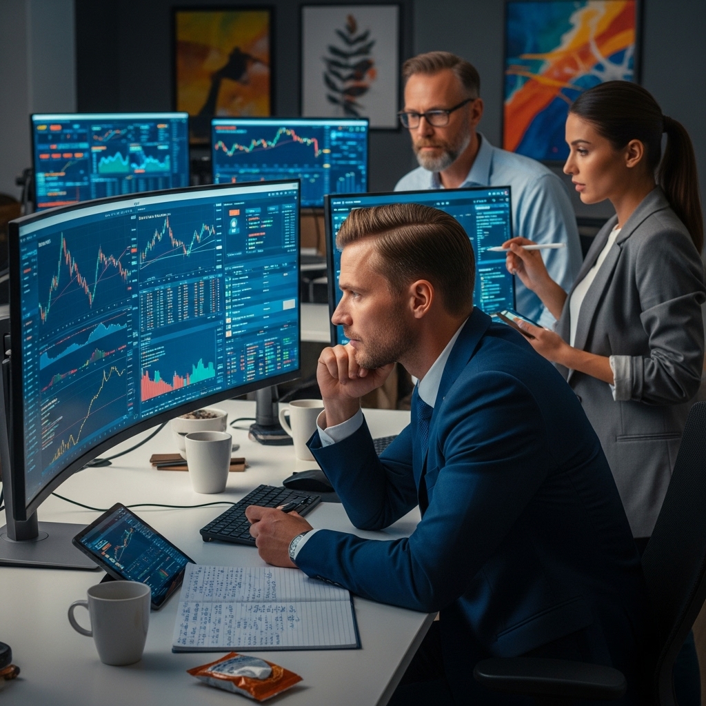 투자자가 여러 화면에서 디지털 자산 차트와 데이터를 신중하게 분석하며 현명한 투자 결정을 내리는 모습