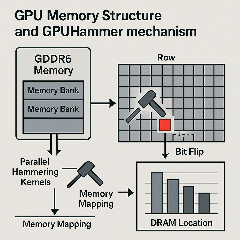 GPU 메모리 구조와 GPUHammer 공격 메커니즘 상세 도식