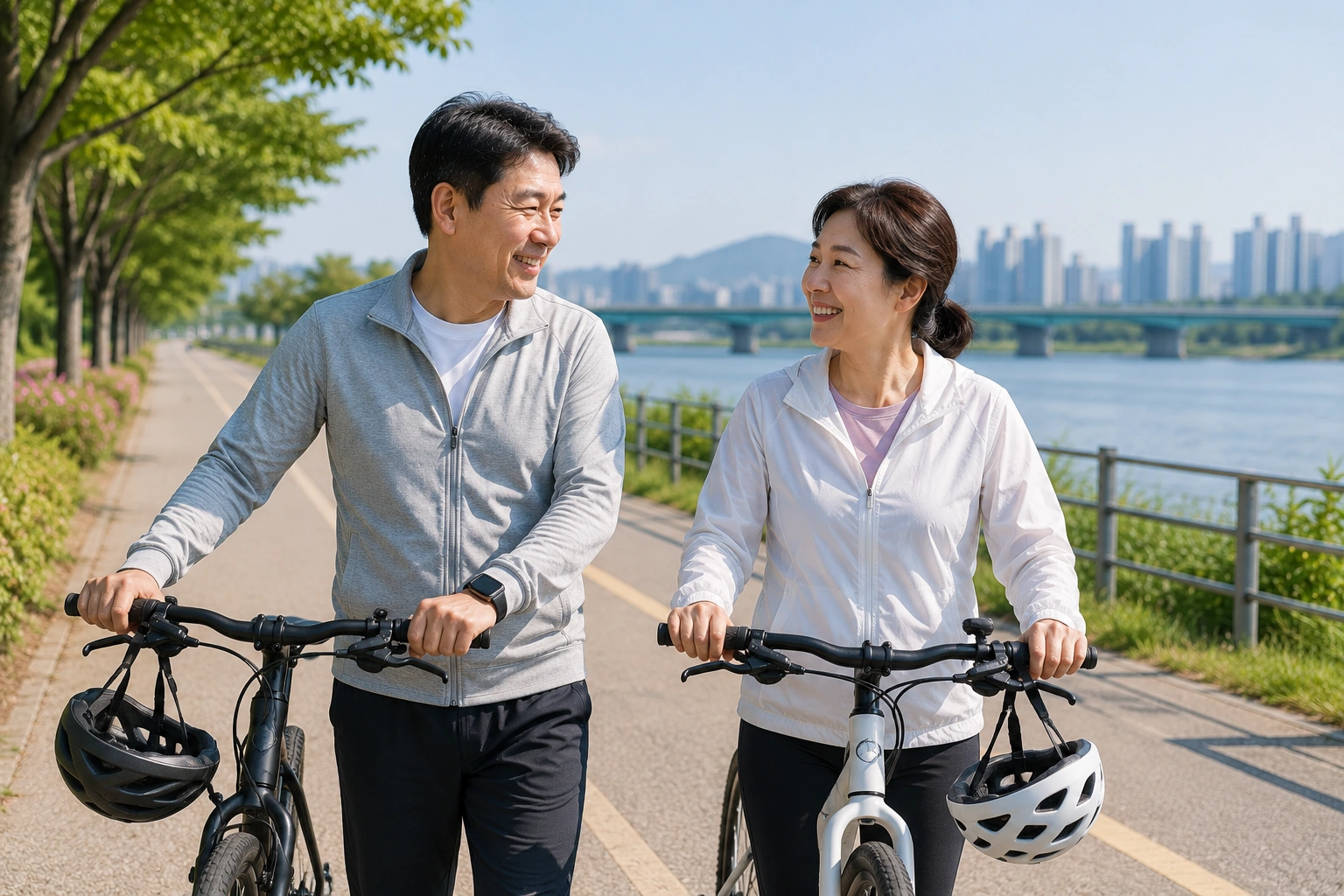강변에서 자전거를 끌며 산책하는 부부