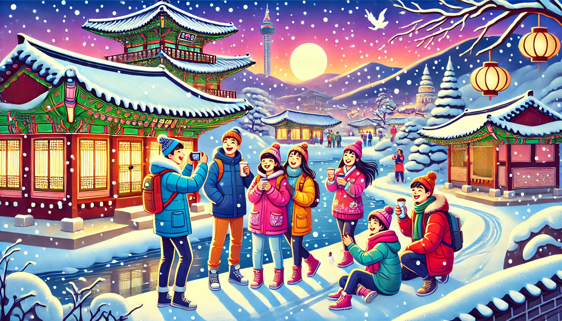 관광지를 여행하는 학생들의 모습