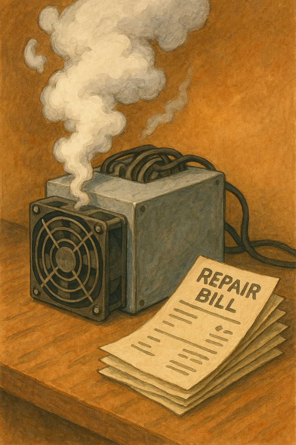 "고장 난 채굴기와 쌓여가는 장비 수리비 영수증"