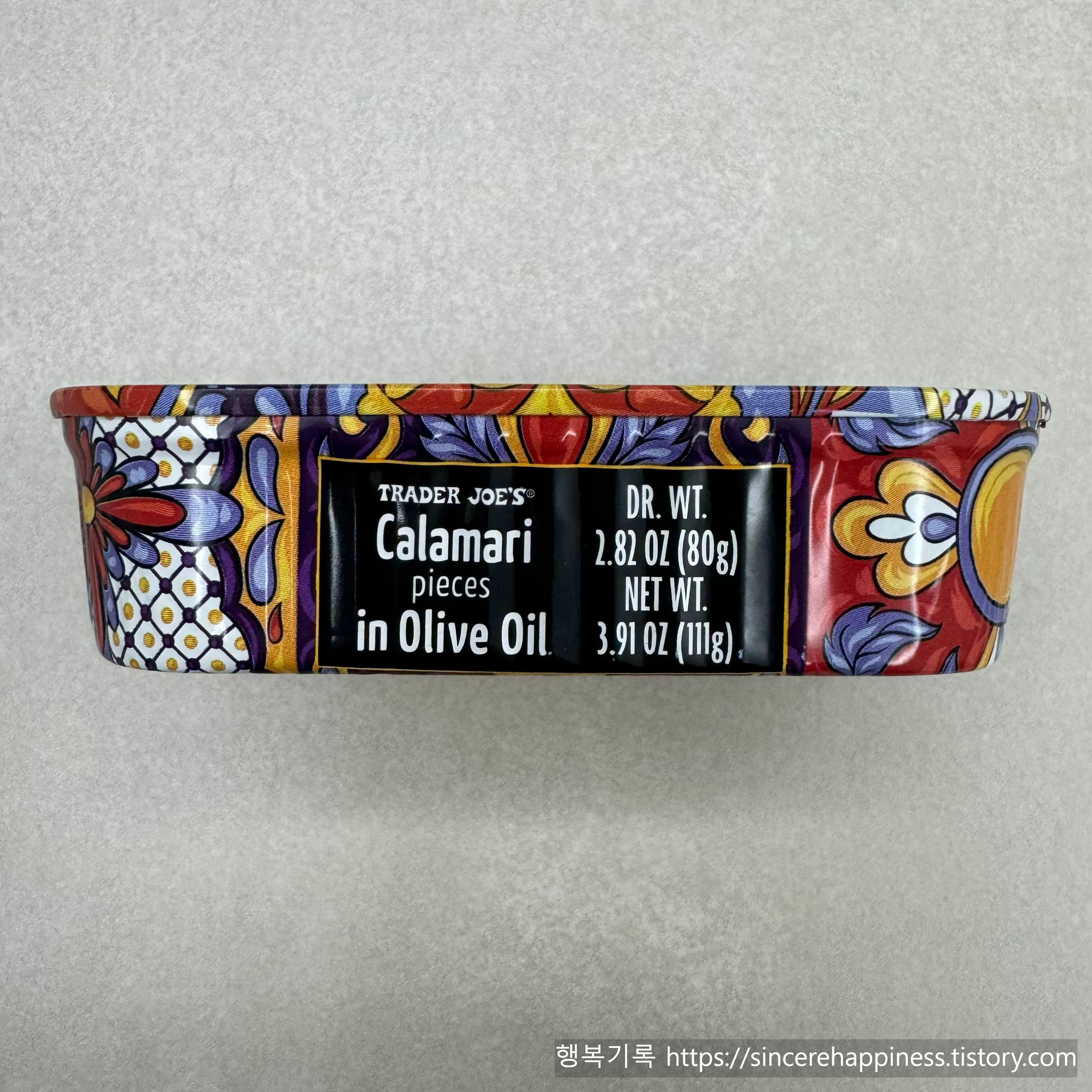 미국 여행 선물 추천 트레이더조 칼라마리 올리브오일 통조림 측면 영문 라벨