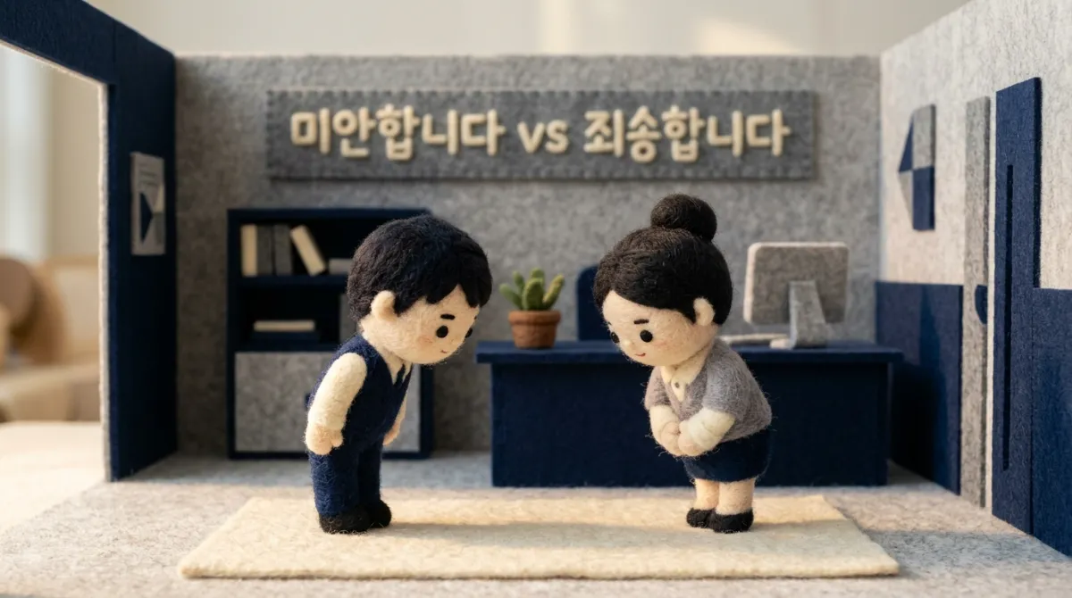 미안합니다와 죄송합니다 차이를 표현한 니들 펠트 양모 인형 일러스트 - 정중하게 인사하는 두 캐릭터