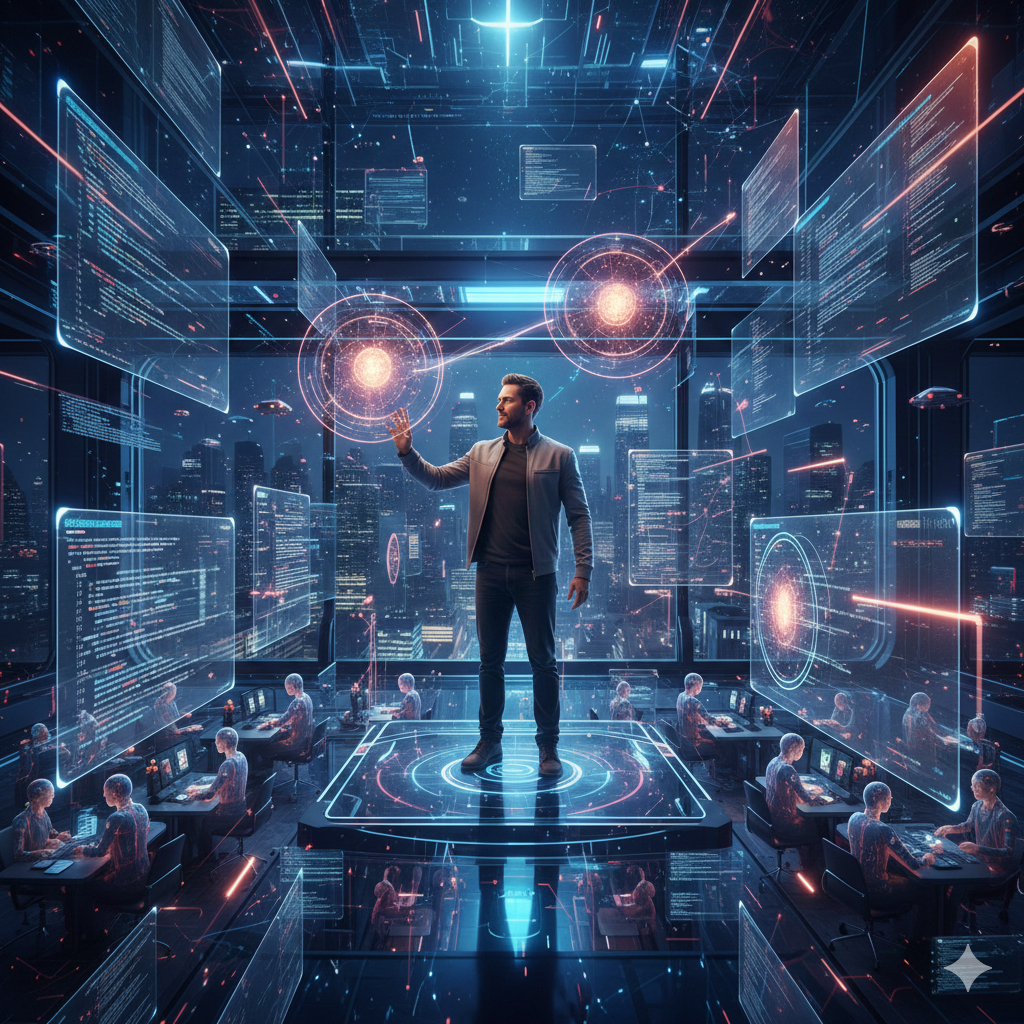 어두운 밤 도심의 마천루가 내려다보이는 통유리 사무실 중앙에 한 남성이 서 있어요. 그의 주변으로는 복잡한 데이터 코드와 주황색 빛의 구체, 원형 그래픽들이 공중에 홀로그램처럼 떠 다니고 있어요. 하단부에는 여러 명의 사람들이 각각의 모니터 앞에서 작업에 몰두하고 있는 모습이 대칭적으로 배치되어 현대적이고 역동적인 IT 개발 현장의 분위기를 보여줘요.