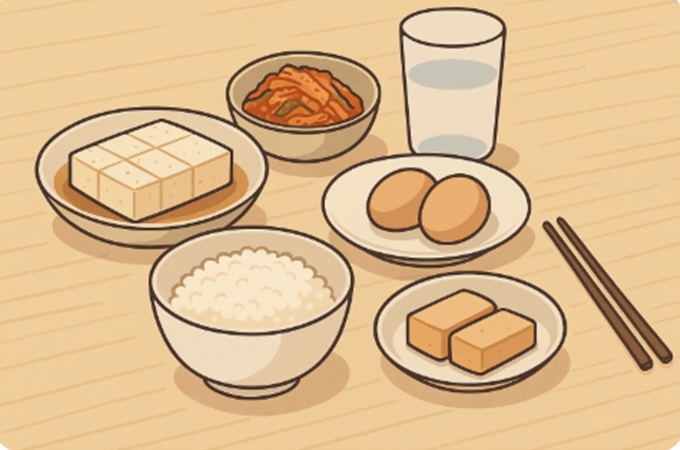 아침 식탁에 달걀과 두부 반찬이 놓여 있고 김치와 밥이 함께 있는 모습