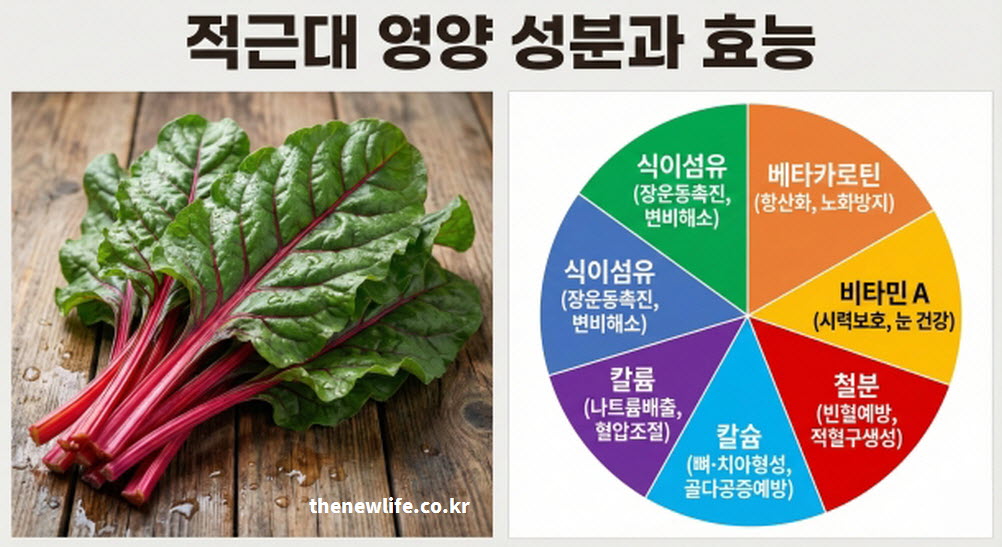 적근대 효능의 원천인 베타카로틴, 비타민A, 철분 등 주요 영양 성분과 역할을 한눈에 보여주는 요약 차트 이미지