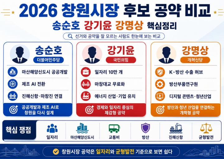 2026 창원시장 후보 공약 비교 송순호 강기윤 강명상 핵심정리