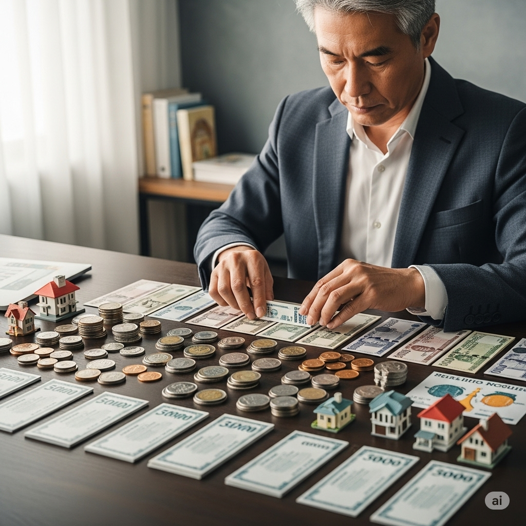 재테크 목표 설정을 위해 다양한 금융 상품을 정리하는 모습