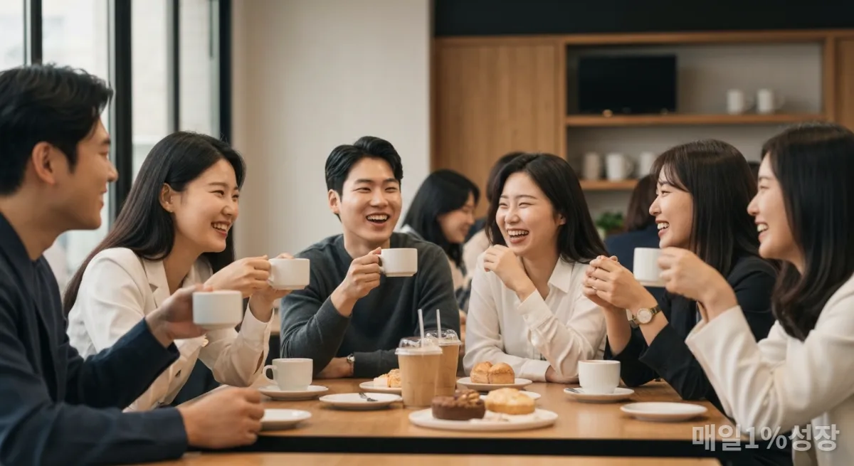 카페에서 즐겁게 대화하는 젊은 한국인 친구들