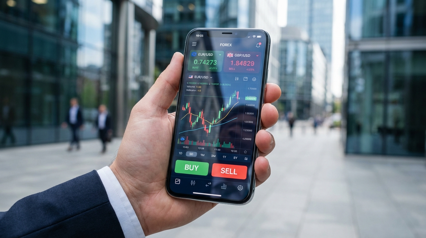 モバイルFXトレーディング、スマートフォンアプリ、外出先での取引、ビジネスマン