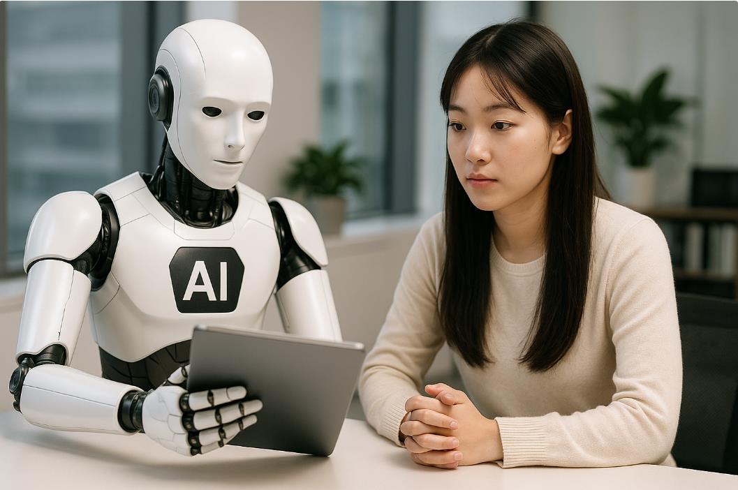 AI 자산 컨설턴트가 20대 사회 초년생에게 소액 투자와 저축 상품을 추천하는 모습