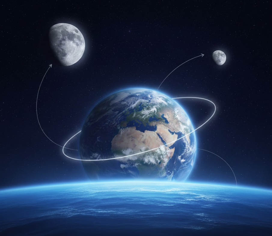 지구와 점차 멀어지는 달의 궤적과 조석 마찰로 인해 변화하는 지구의 모습을 나타낸 우주 시뮬레이션 상상도
