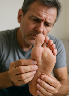 발바닥 티눈 때문에 아픈 발을 들여다보는 중년의 발바닥 모습