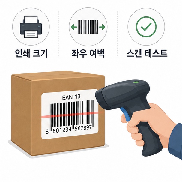 바코드 인쇄 크기와 여백, 실제 스캐너 테스트 필요성을 설명한 이미지