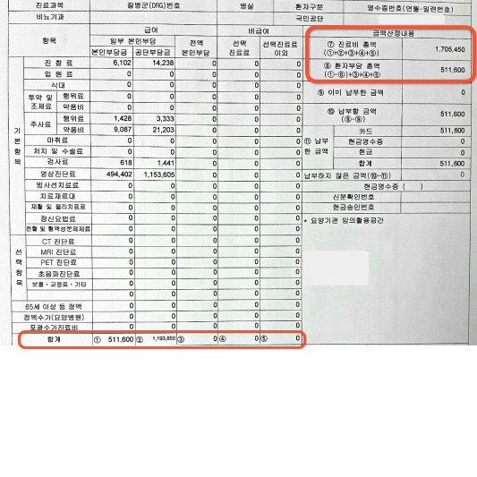 요로결석 첫 재발당시 진료비 영수증 입니다.