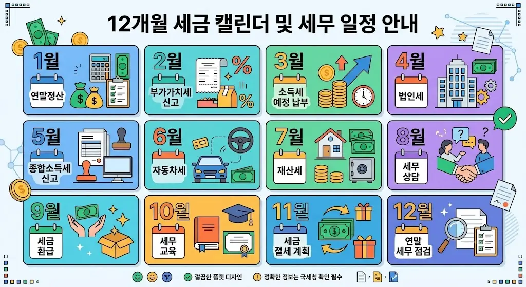 12개월 캘린더 위에 세금 관련 아이콘들이 배치된 인포그래픽, 깔끔한 플랫 디자인
