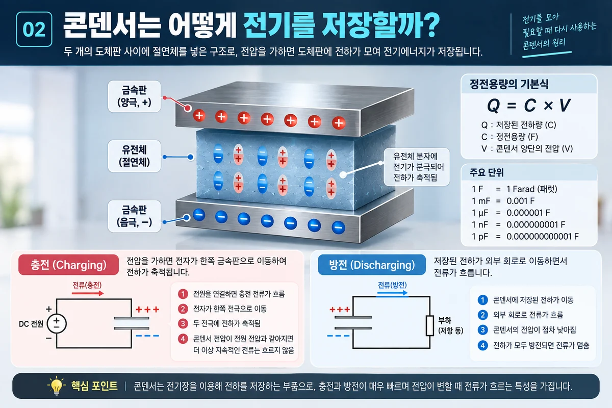 금속판과 유전체 사이에 전하를 저장하는 콘덴서의 충전과 방전 원리