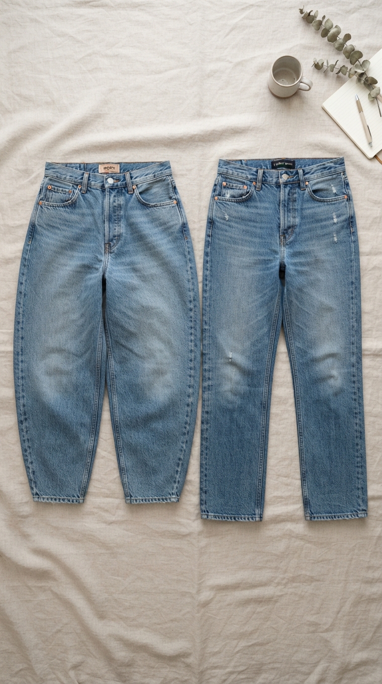 Close-up flat lay comparison of two denim jeans styles, curved barrel leg jeans on the left and classic straight leg jeans on the right, soft neutral background, minimal aesthetic photography